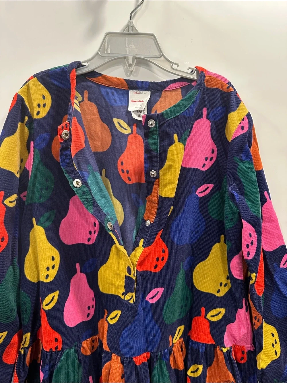 Hanna Andersson Corduroy Dress Long Sleeve Navy Colorful Pear Print Size 120 6/7